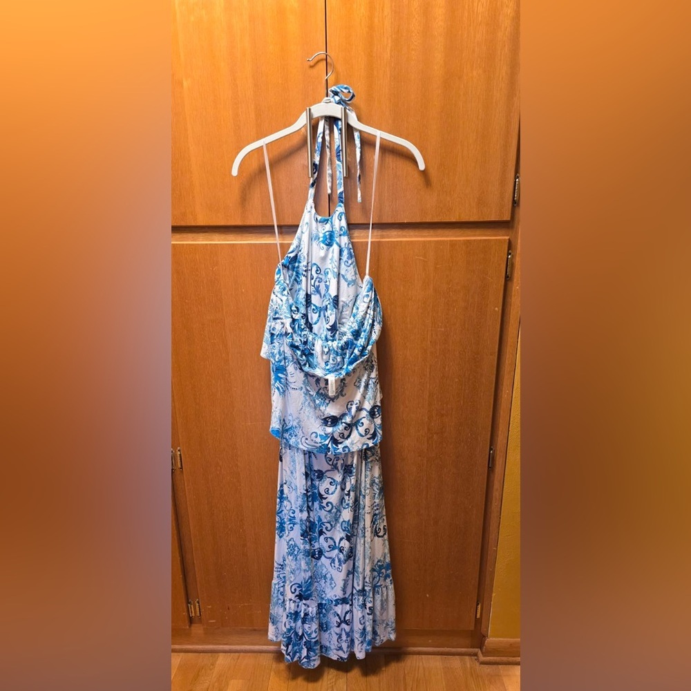 Soma Halter Maxi Dress Women’s XLarge Blue White Boho  Stained Strap‎
